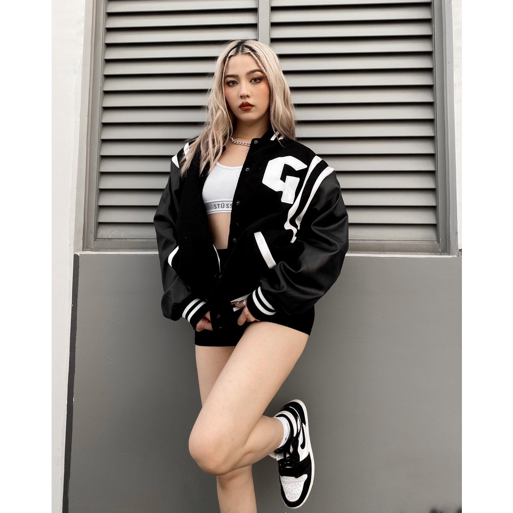 △❉☊[N2] Áo Khóac Form Rộng Nỉ Phối tay da Jacket Varsity V19 - Màu Đen