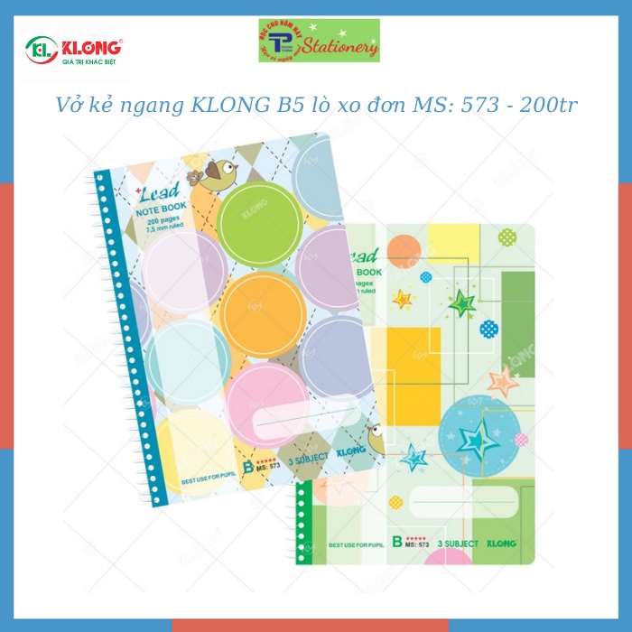 Vở kẻ ngang KLONG B5 lò xo đơn 80,120,160,200tr offset 70/76 Lead; 570,571,572,573