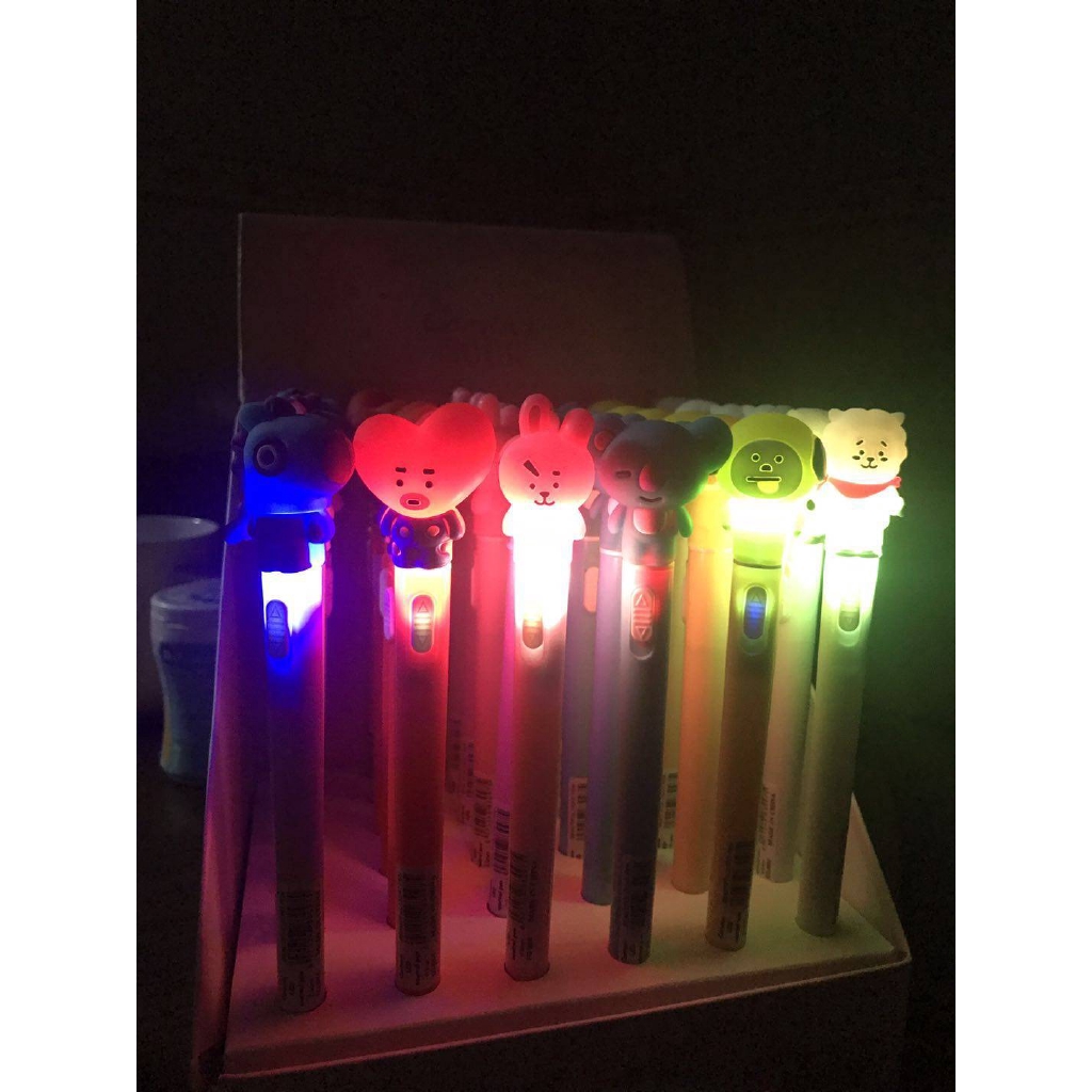 Bút nước que diêm mực xanh KPOP BTS BT21 pena pulpen gel Cute LED Light Gel Pen Kawaii Cartoon signing Pen 0.5mm Black ink Neutral Pen For Kids Gifts Office School Student classmates Stationery