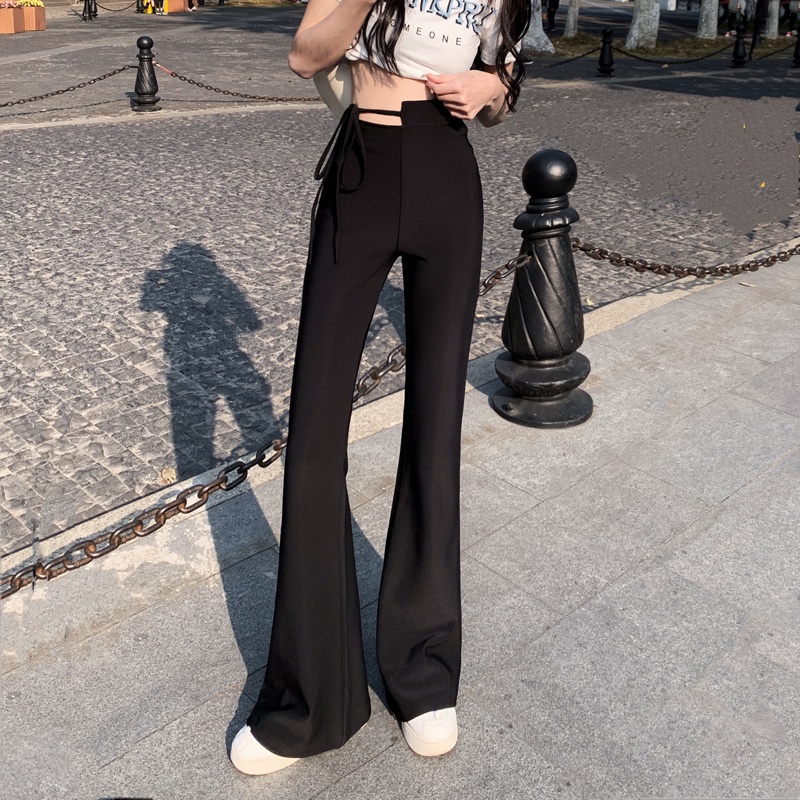 SUXI Quần dài ống rộng lưng cao màu đen trơn thời trang xuân hè cho nữ