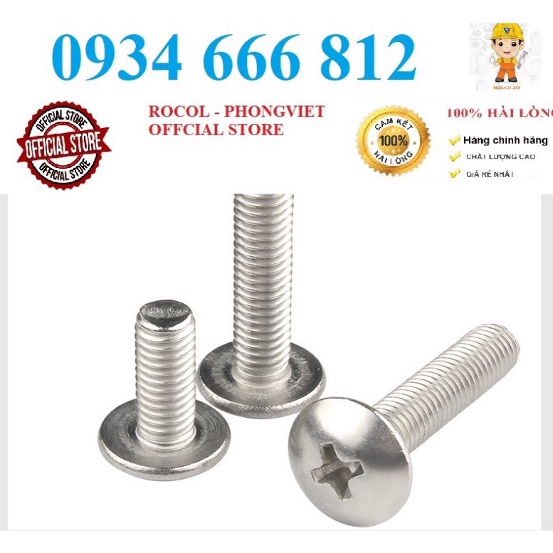 50c vít đầu dù thân bulong INOX 304 M3,M3X6, M3X8, M3X10, M3X12, M3X16, M3X20