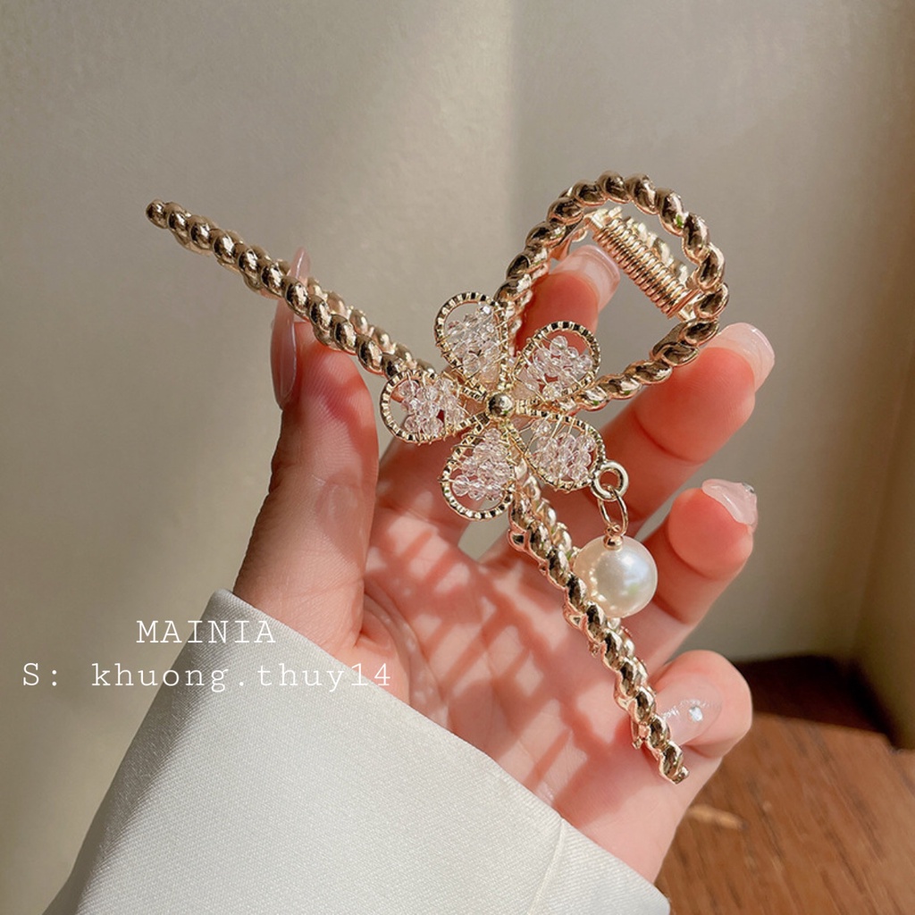 Kẹp Tóc Càng Cua Kim Loại Hàn Quốc Phối Hoa Mai Pha Lê Đính Hạt Ngọc Siêu Đẹp Mainia Shop