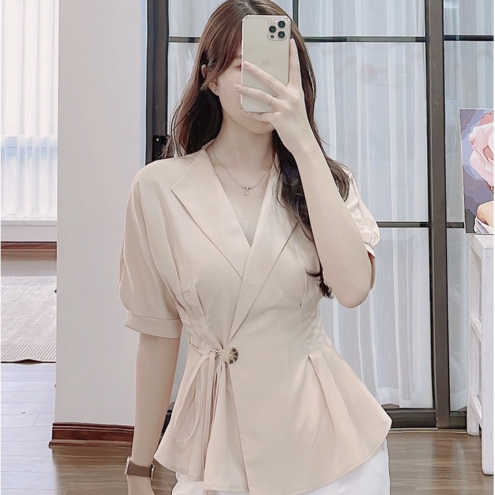 Áo sơ mi cổ vest lụa xếp ly buộc dây KM A1452