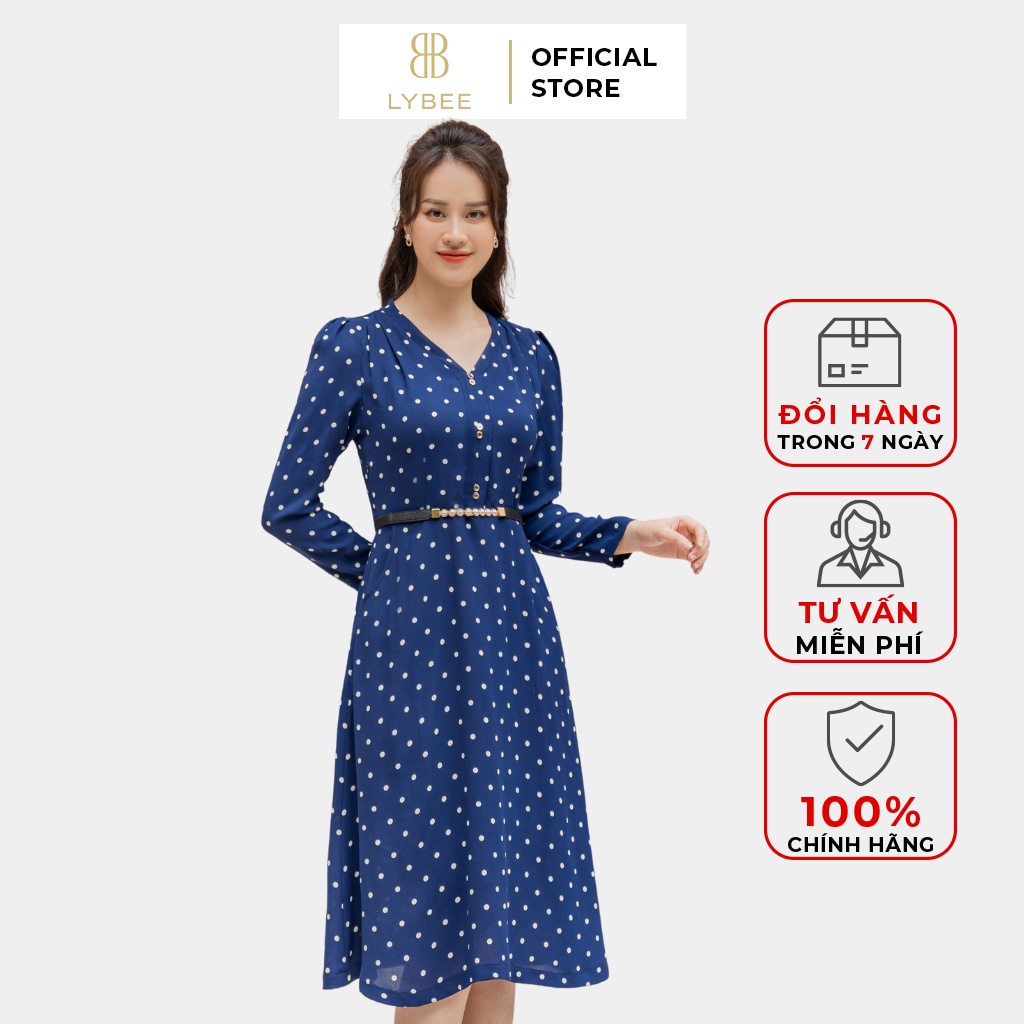 Đầm công sở trung niên 40Simple thiết kế dáng xòe xếp ly họa tiết chấm bi cổ điển LYBEE SV002