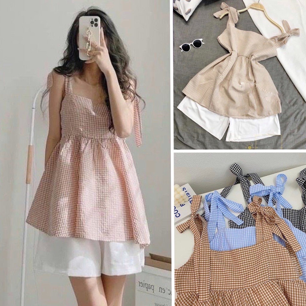 Sét Bộ 2 Dây Nơ Vai Kẻ Chất Xốp Kèm Quần Short, Sét Bộ Ngủ Babydoll Cute