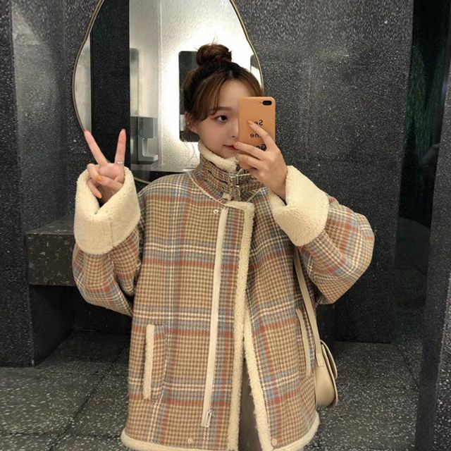 Order áo khoác vải dạ lót lông cừu style Hàn Quốc mùa thu đông 2019, hàng quảng châu loại đẹp