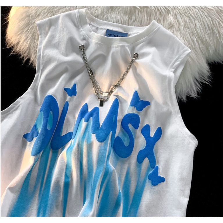 Jiashucheng Áo Thun Sát Nách Dáng Rộng In Chữ Graffiti Đường Phố Mỹ Thời Trang Mùa Hè Cho Các Cặp Đôi