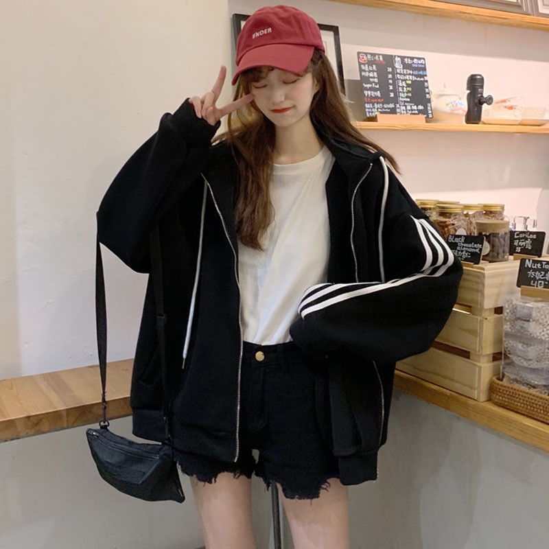 IELGY  Áo Nỉ Tay Dài Cổ Lọ Dáng Rộng Có Khóa Kéo Thời Trang Cho Nữ