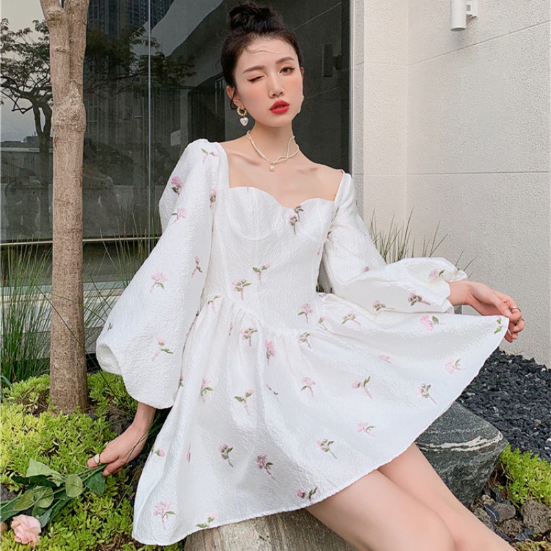 Đầm Tay Phồng Cổ Vuông Thời Trang Mùa Hè Phong Cách Retro Dễ Phối Đồ