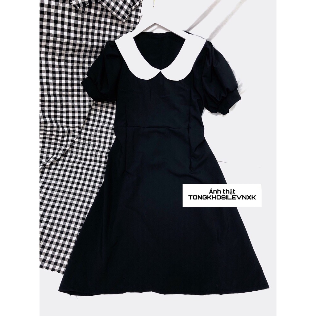 Váy Đen Cổ Bèo Trắng - Đầm Nữ Đẹp Cổ Sen Tay Bồng Maxi Dáng Chữ A