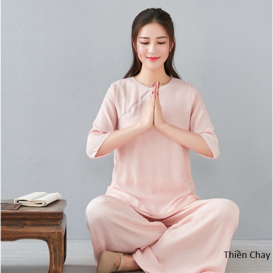 Quần áo đi chùa nữ, đồ lam ngồi thiền, tập yoga nữ cổ tròn vải tơ đũi mềm không nhăn cao cấp Thiền Chay