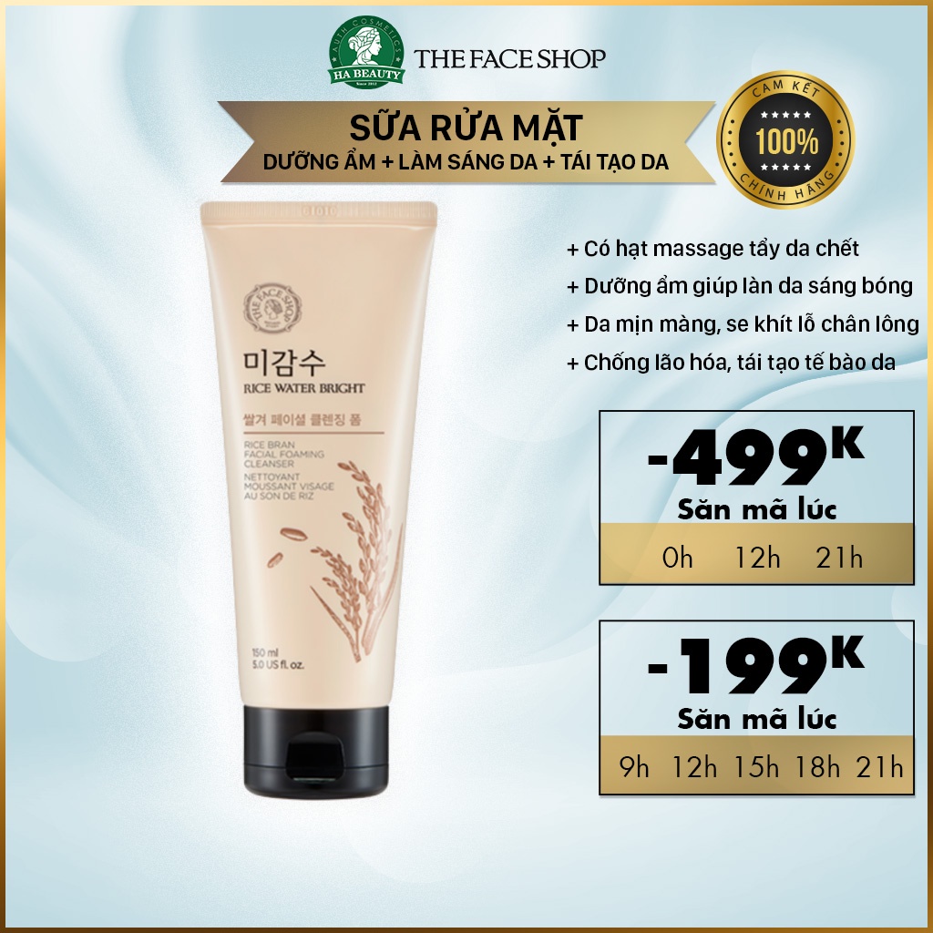Sữa rửa mặt trắng da The Face Shop cấp ẩm Hàn Quốc có hạt Rice Water Bright Rice Bran Foaming Cleanser 150ml Hà Beauty