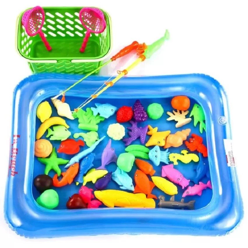 Đồ chơi câu cá nam châm gồm 2 cần câu, giỏ đựng cá, bể phao chứa cá thích hợp cho bé trên 2 tuổi