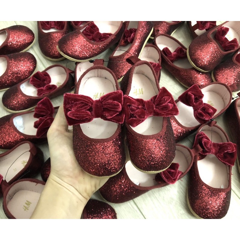 Giày Búp Bê Kim Sa Lấp Lánh Quai Chun Đính Nơ Nhung Cho Bé Gái Size Nhí 18/19 - 25