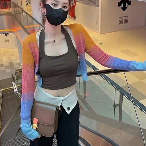 SUXI Áo Cardigan Dệt Kim Tay Dài Màu Sắc Cầu Vồng Phong Cách Vintage Dành Cho Nữ