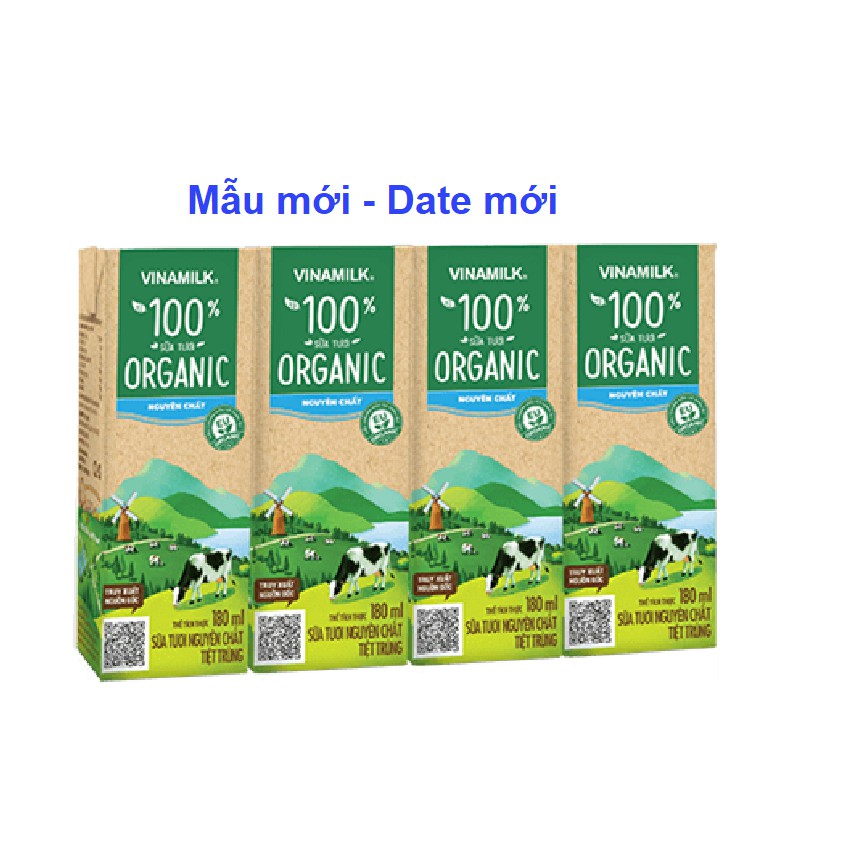 Sữa tươi tiệt trùng Vinamilk 100% Organic không đường - Lốc 4 hộp x 180ml