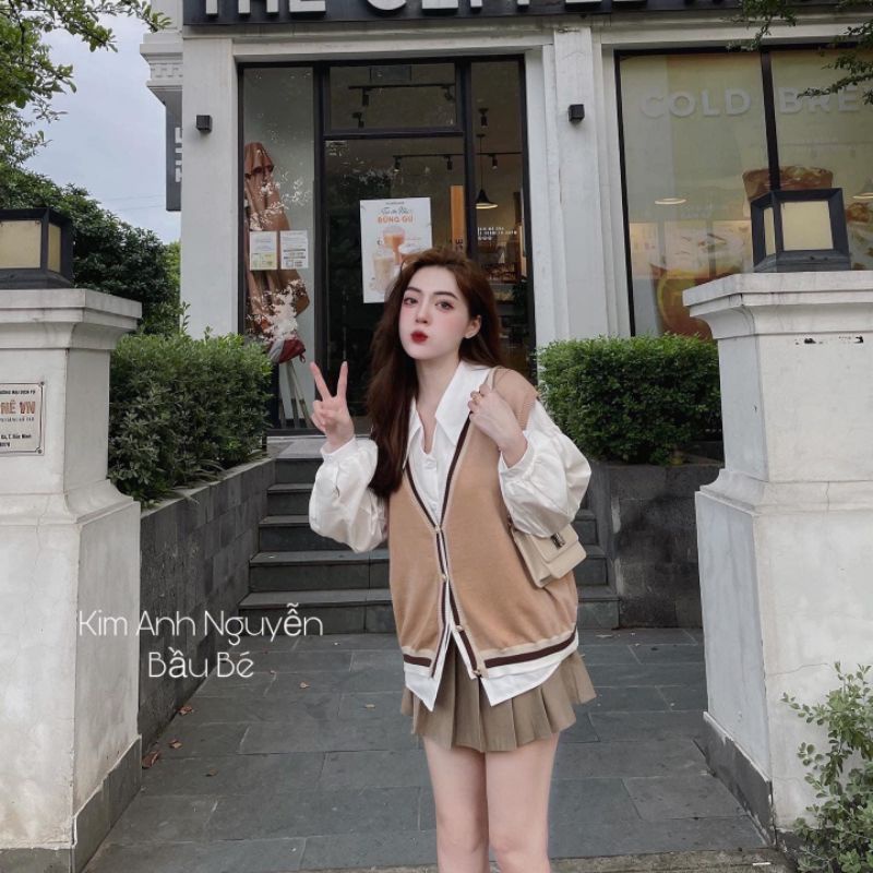 Set 3 món áo sơ mi trắng phối gile len tăm, chân váy xếp ly cực xinh_Set váy đẹp❤