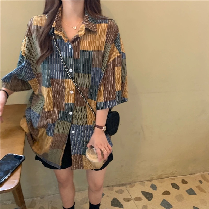 Áo Sơ Mi Nữ Tay Ngắn Dáng Rộng Phong Cách Retro Hàn Quốc