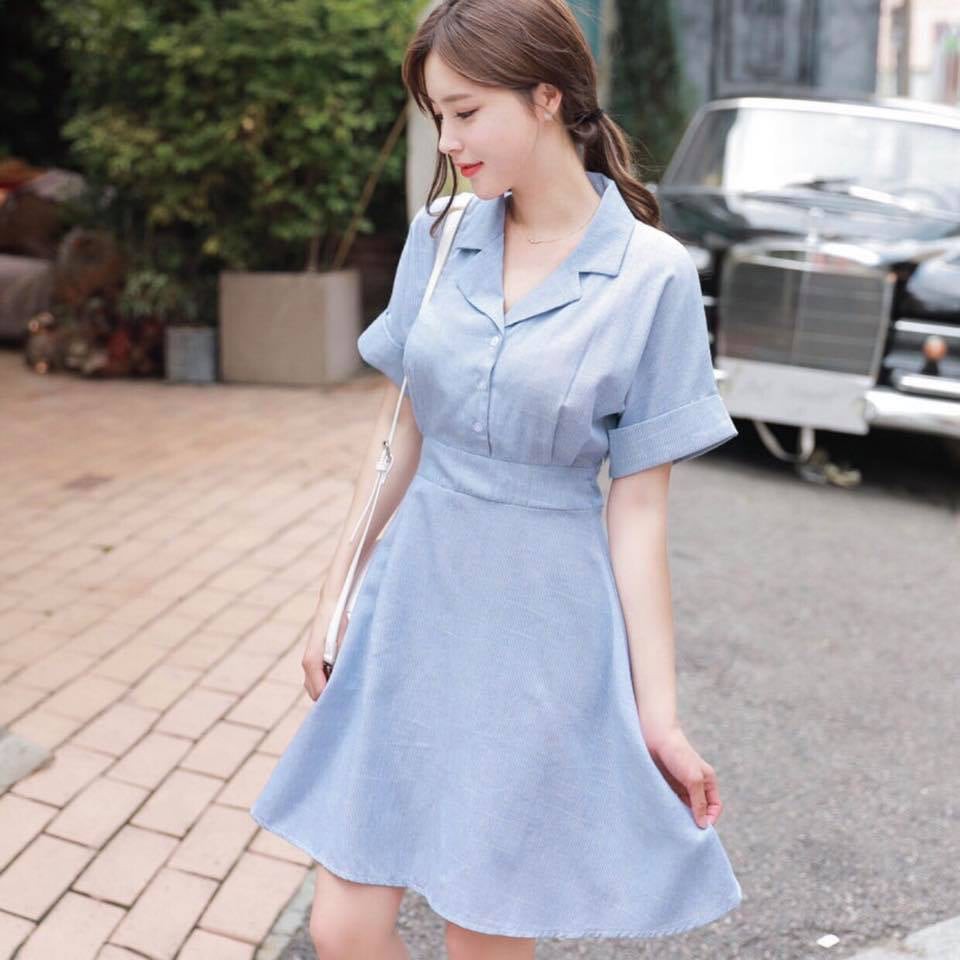 Đầm sơ mi sọc xanh linen