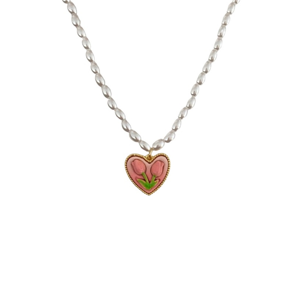 Vòng cổ Ngọc Trai Mặt Hoa Tulip Trái Tim Cảm Giác Đa Năng Sang Trọng Cho Nữ