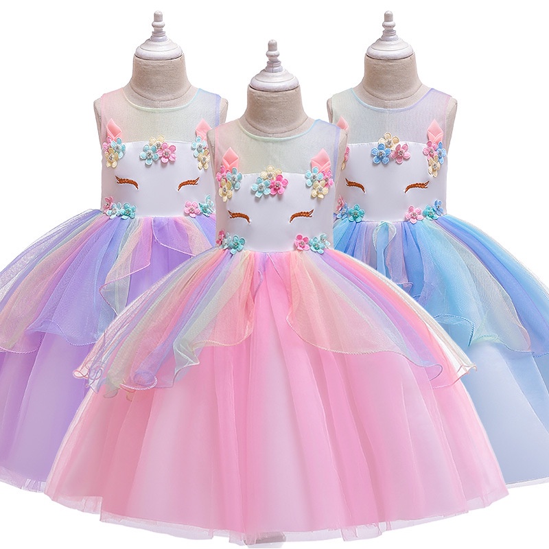 Đầm xòe tutu phong cách công chúa trang trí hình kỳ lân và hoa dành cho bé gái 4-10 tuổi mặc trong sinh nhật/đám cưới