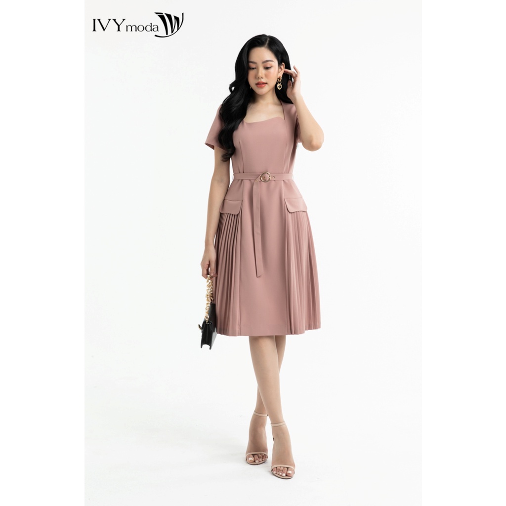 Đầm phối dập ly kèm đai IVY moda MS 48M7192