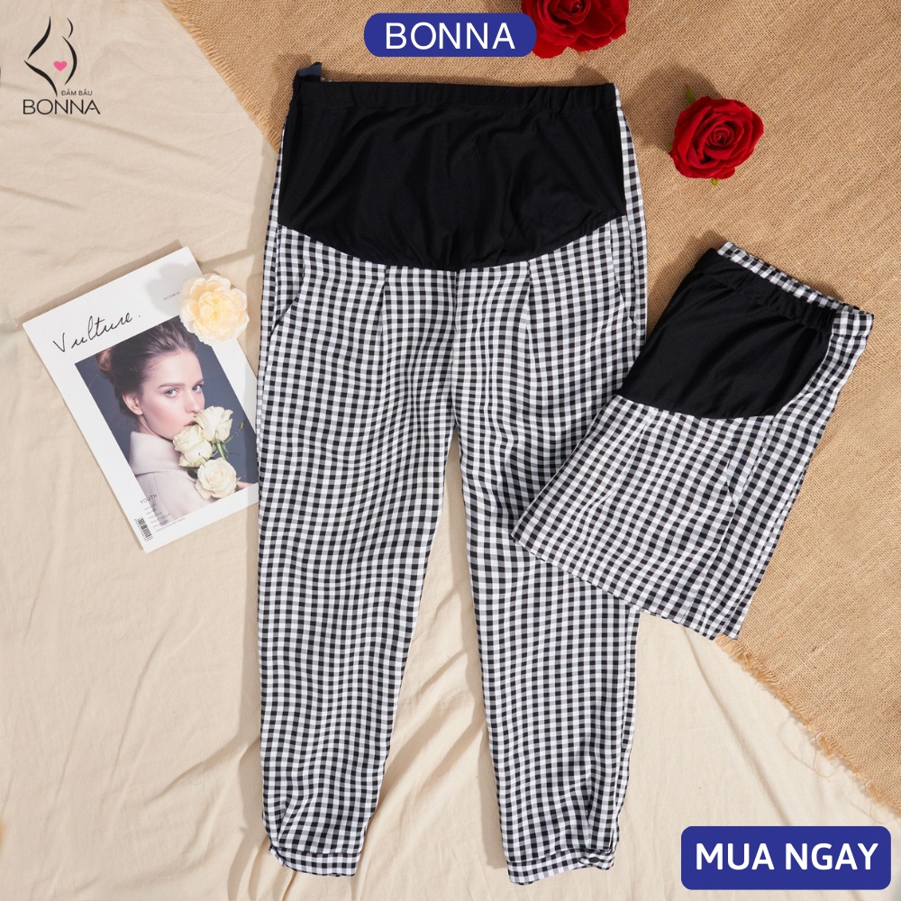 Quần cho bà bầu BONNA chất đũi cao cấp, cạp quần có chun cúc điều chỉnh, giặt máy thoải mái, kẻ caro thanh lịch QS008