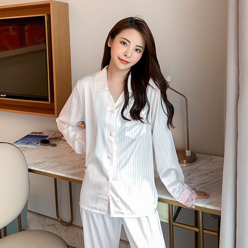 Bộ Đồ Ngủ Pijama Tay Dài Phối Ren Họa Tiết Kẻ Sọc Ngọt Ngào Thời Trang Xuân Thu Cho Nữ