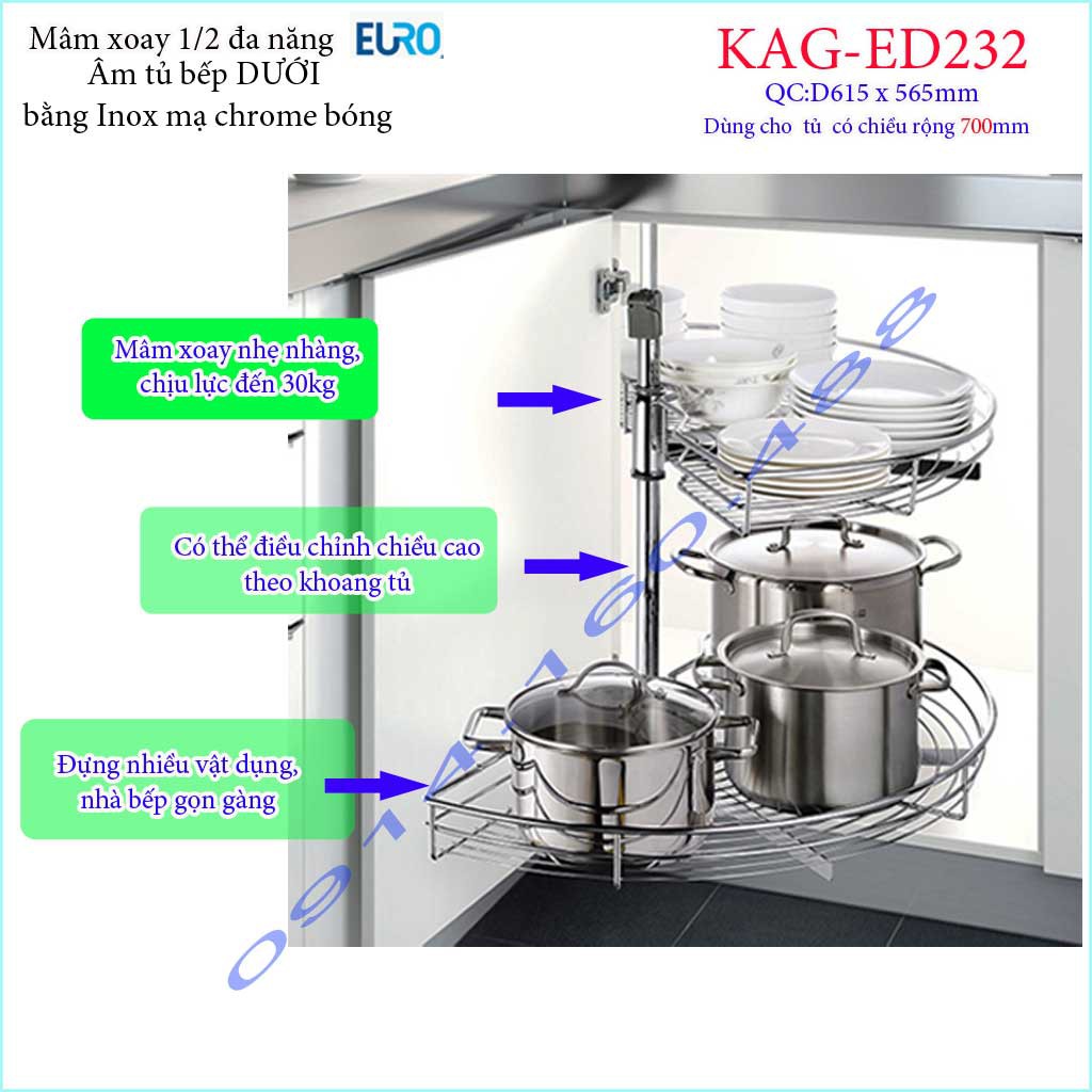 Kệ bán nguyệt Euro KAG-ED232- 2 tầng, mâm xoay inox 1.2, kệ góc tủ bếp dưới inox tròn thiết kế đẹp tiết kiệm không gian