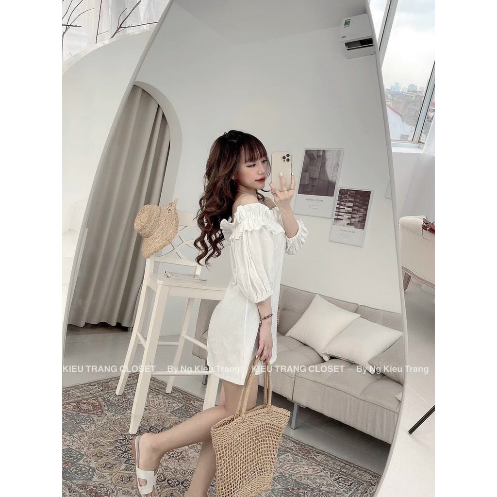 [ V03] Đầm⚡Bán Lỗ⚡váy trễ vai chun tay lửng màu trắng kiểu công chúa ulzzang obiking | BigBuy360 - bigbuy360.vn