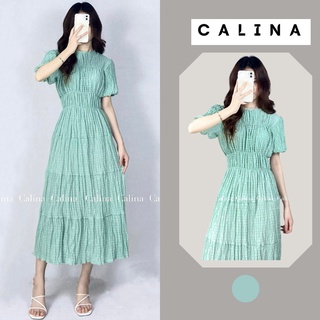 Váy nữ rúm maxi CALINA màu xanh ngọc chất liệu xốp dáng dài cộc tay tay bồng tiểu thư siêu xinh
