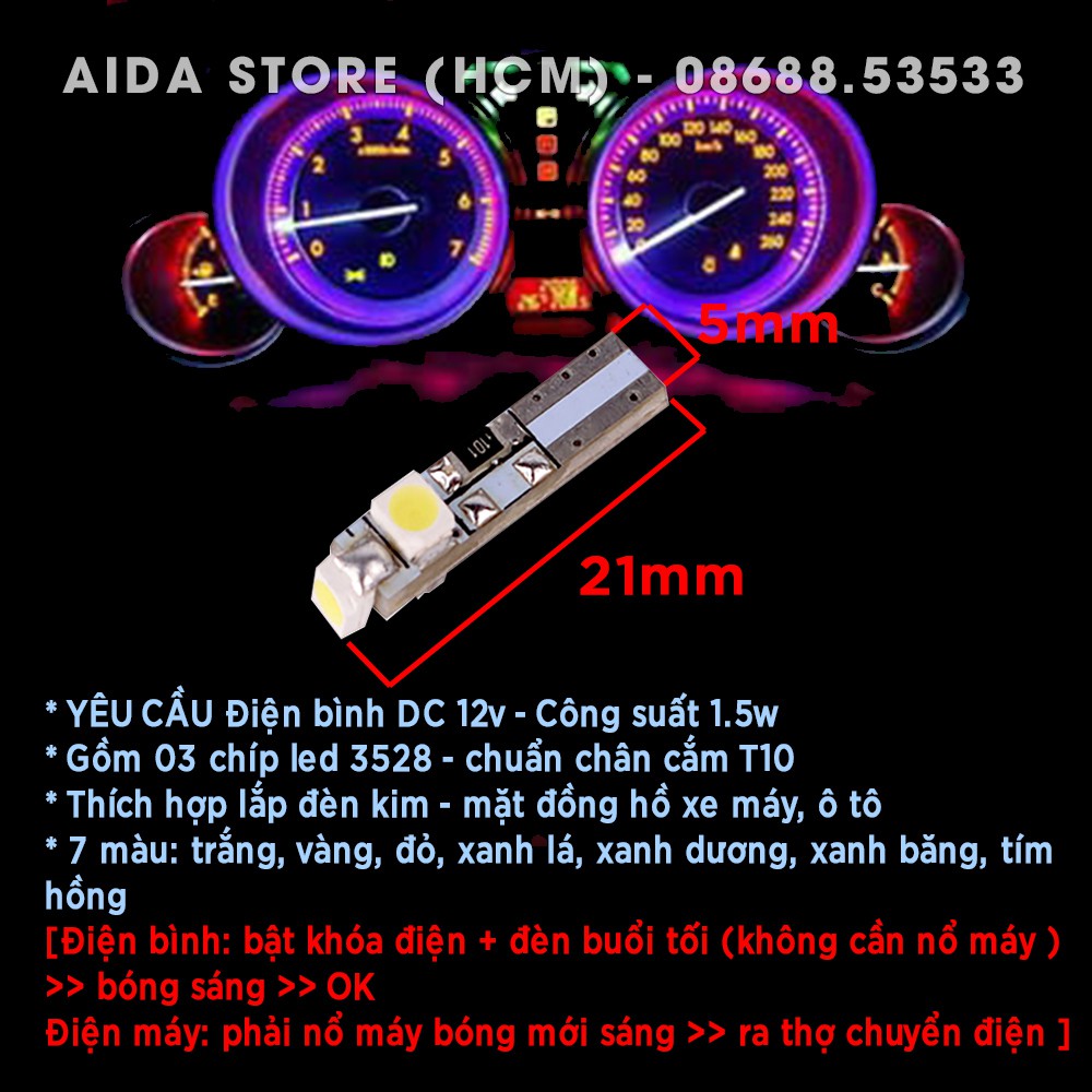 Bóng đèn led T5 3SMD 3528 gắn kim, mặt đồng hồ xe máy, ô tô DC12v