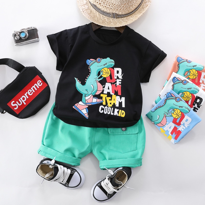 Set Đồ Mùa Hè 2 Món Gồm Áo Thun Cổ Tròn In Hình Khủng Long Hoạt Hình + Quần Ngắn Thời Trang Cho Bé Trai