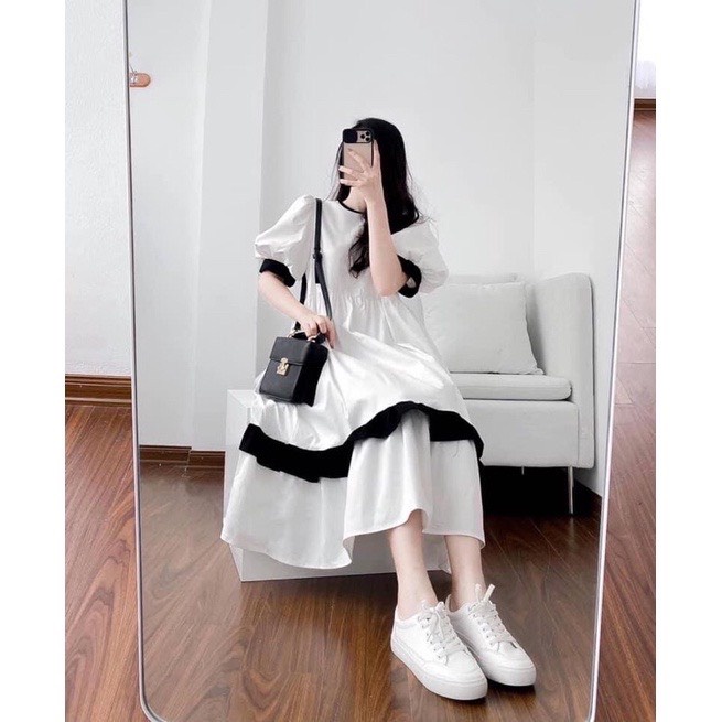 Váy xuông nữ babydoll dáng dài tay bồng V021 rộng kiểu dáng hàn quốc,bầu bí bon chen thoải mái