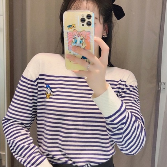 Áo sweater ZHELIHANGFEI dệt kim dáng rộng họa tiết kẻ sọc phong cách retro thời trang trẻ trung