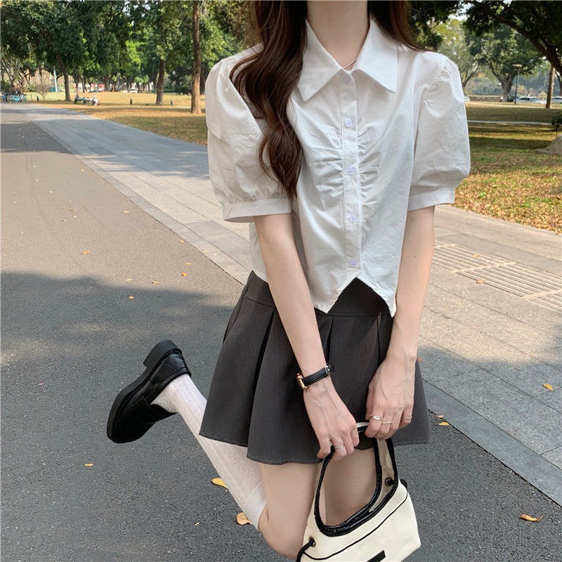 Áo Sơ Mi Tay Bồng Cách Điệu Cổ Bẻ, Tà Xẻ Đuôi Cá Thiết Kế Siêu Xinh