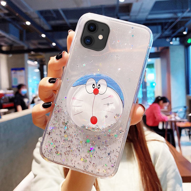 Ốp lưng iPhone 12 mini 11 Pro X XR XS Max 8 7 6 6S Plus SE 2020 Sequin Glitter Soft Case Cover+Doraemon Flowing silver foil holder