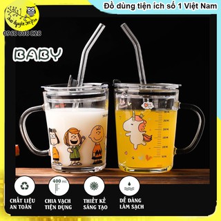 [TẶNG ỐNG HÚT] Cốc Chia Vạch Ml Thủy Tinh 400ml In Hình Siêu Dễ Thương-T3A3