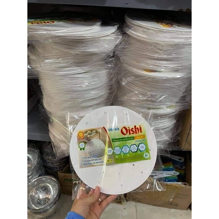 Gói 100 tờ Giấy nến đục lỗ Oishi size 23cm chuyên dùng lót đáy nồi chiên không dầu, vỉ hấp bánh bao chống dính siêu tốt