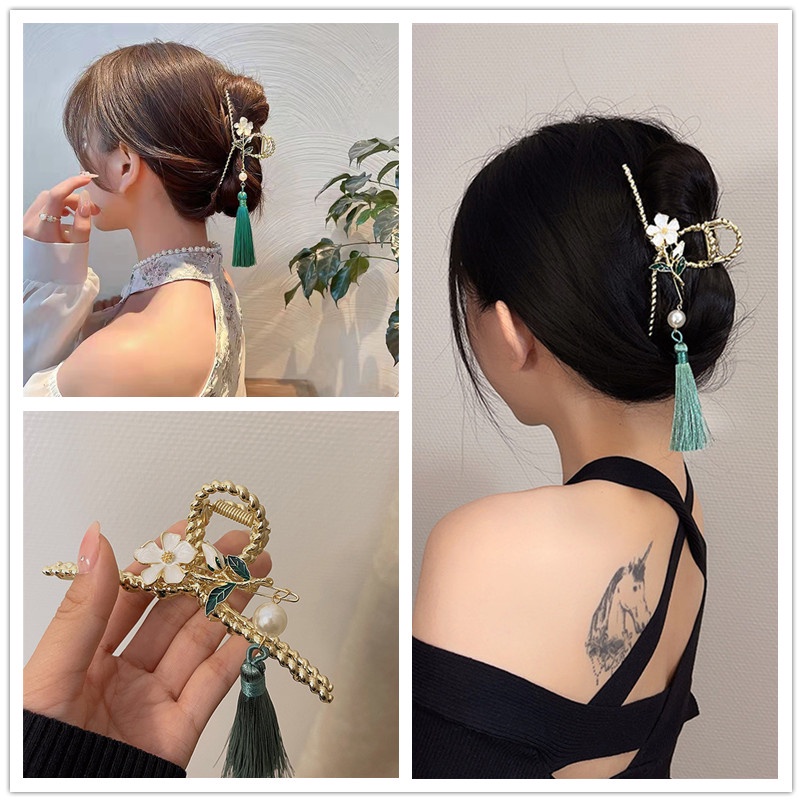 Kẹp Tóc Hình Hoa Phối Tua Rua Phong Cách Trung Hoa Cổ Điển Thời Trang Cho Nữ