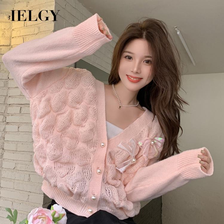 Áo dệt kim IELGY tay dài dáng rộng cổ chữ V phối thắt nơ xinh xắn cho nữ