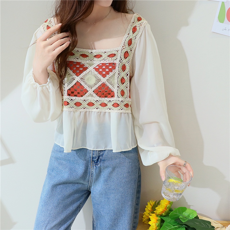 SUXI Áo Voan Tay Dài Cổ Vuông Phối Ren Xinh Xắn Thời Trang Cho Nữ