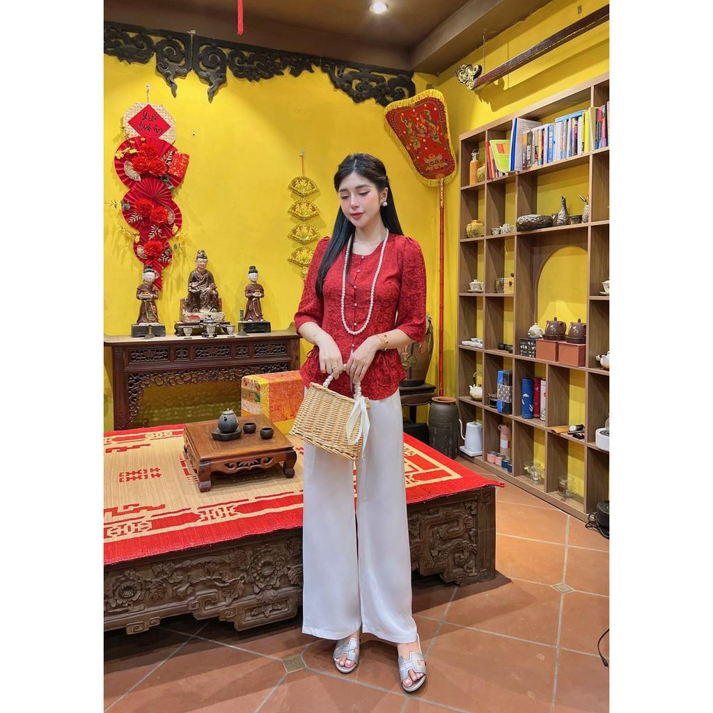 Bộ Đồ Lam Đi Chùa Tiểu Thư Túi Tiền Cổ Tròn Cúc Ngọc Trước Tay Lỡ Chất Lụa Gấm Cao Cấp Màu Đỏ PT050