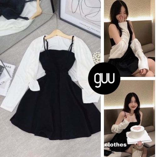 Váy nữ 2 dây màu đen kèm áo khoác tay dài dáng ngắn ôm eo sexy GUU