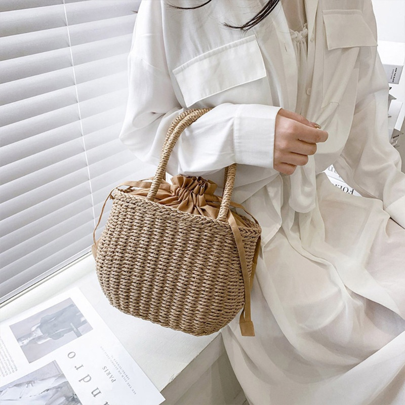 Túi Xách Đan Mây Màu Trơn Có Dây Rút Phong Cách Vintage Dành Cho Nữ