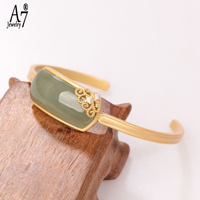 Vòng Tay Bạc 925 A7 S925 Dạng Hở Đính Đá Sapphire Hình Chữ Nhật Phong Cách Retro Cho Nữ