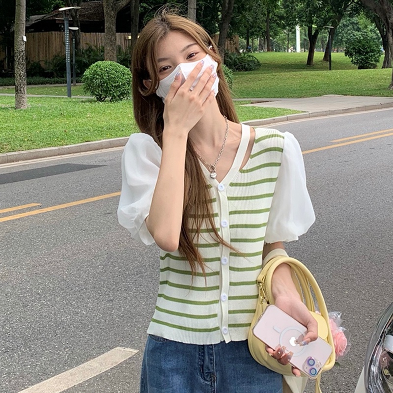 【ZHELIHANGFEI】Áo Thun Tay Phồng Kẻ Sọc Phối Lưới Xinh Xắn Thời Trang Cho Nữ