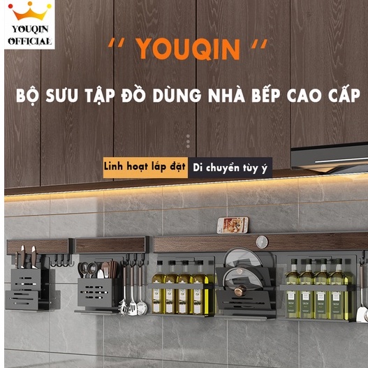 Giá Móc Treo Đồ Nhà Bếp, Kệ Đựng Gia Vị Treo Bếp, Kệ Bếp Đa Năng - YouQin Chất Liệu Gỗ - Hợp Kim Nhôm, Dán Keo Siêu Chắc