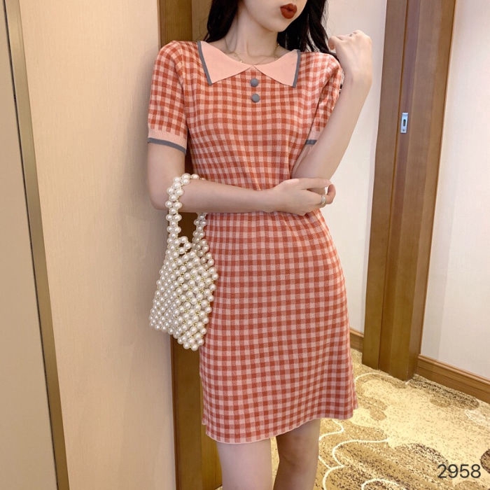 Đầm Nữ Ca Rô Ngắn Tay Cổ Bẻ Form Dài Thời Trang Hàn