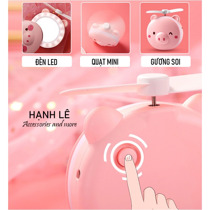 Gương mini cầm tay bỏ túi kèm đèn led và quạt cắm sạc USB tiện lợi 3 In 1 giúp bạn gái trang điểm tiện lợi hơn
